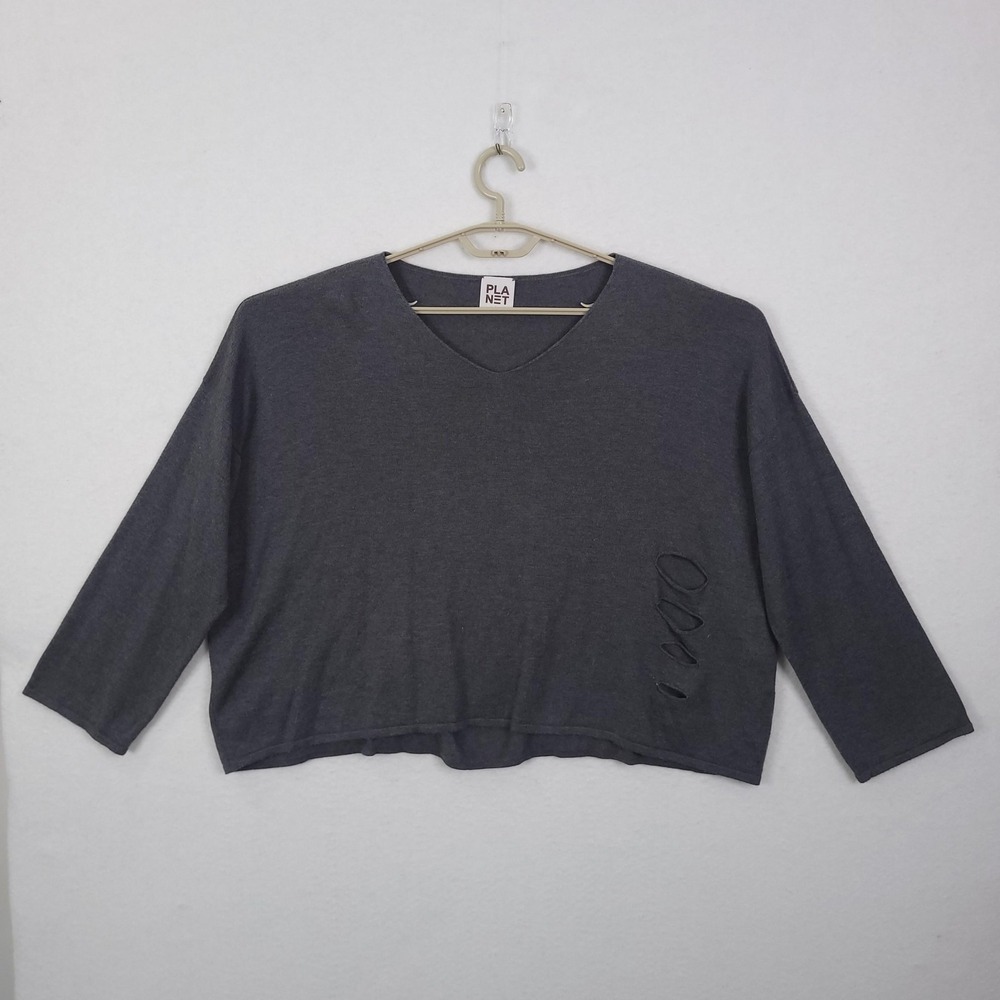Planet Sweater Womens One Size Gray Pima Cotton Cutout Hem Pullover Knit Top